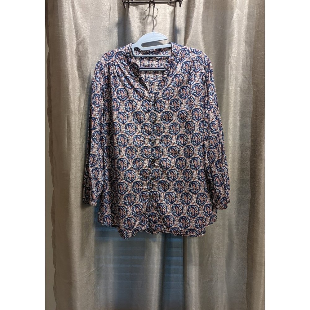 Lands' End Button Down Tunic Blue & Rust 16 Petite